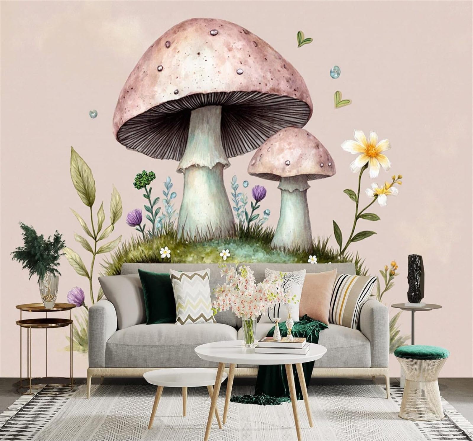 Tzxztt Minimalist Wildflowers Moss Logs Watercolour Mushrooms Modern 3D Wallpaper Premium Textured Silk Neutral Tones Material Ideal for Living Room Bedroom-150cm×105cm