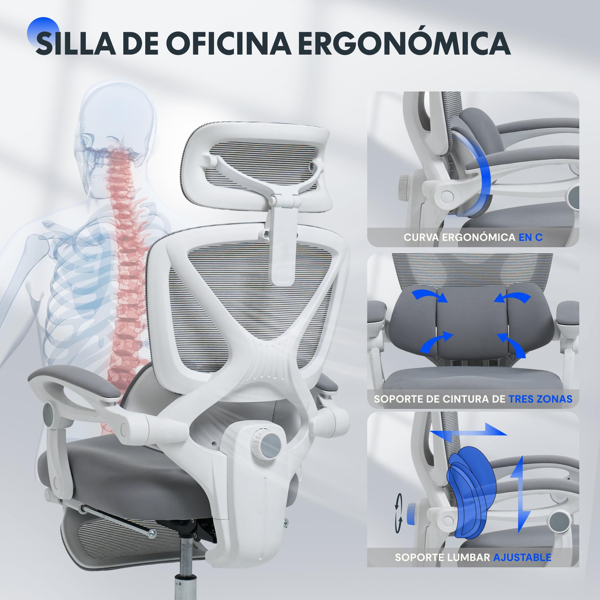FLEXISPOT OC4 Silla Ergonomica Escritorio con Reposapiés, Silla Escritorio con Soporte Lumbar 3 Zonas, Reclinable 135°, Cojín Transpirable, Altura Ajustable, Ideal Oficina y Teletrabajo, Gris