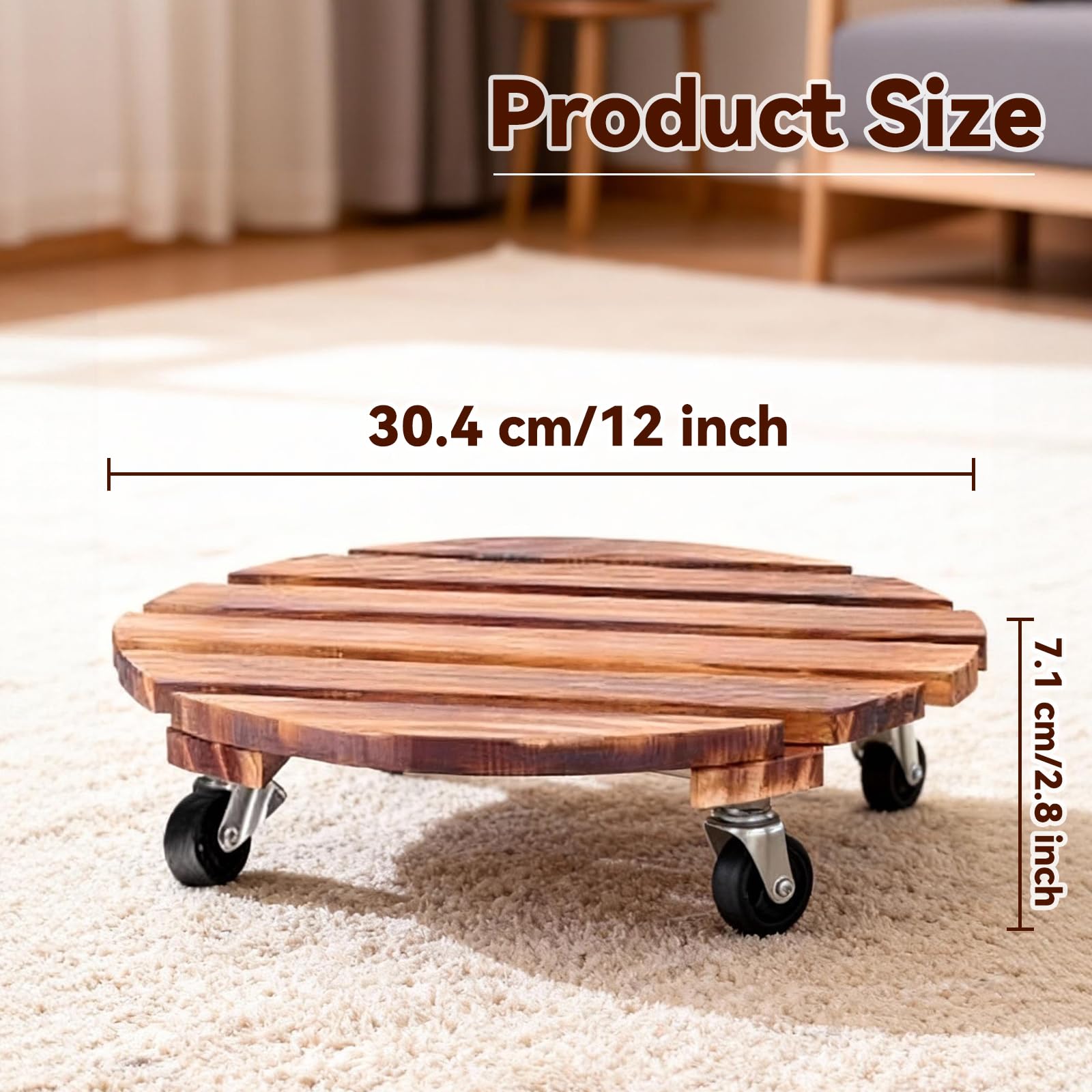 Lot de 2 Porte Plantes à roulettes 30,5 cm, Rond en Bois avec Roues Pivotantes et Verrouillables, Capacite 120kg, Chariot Mobile pour Pots de Fleurs Lourds, Usage Intérieur et Extérieur