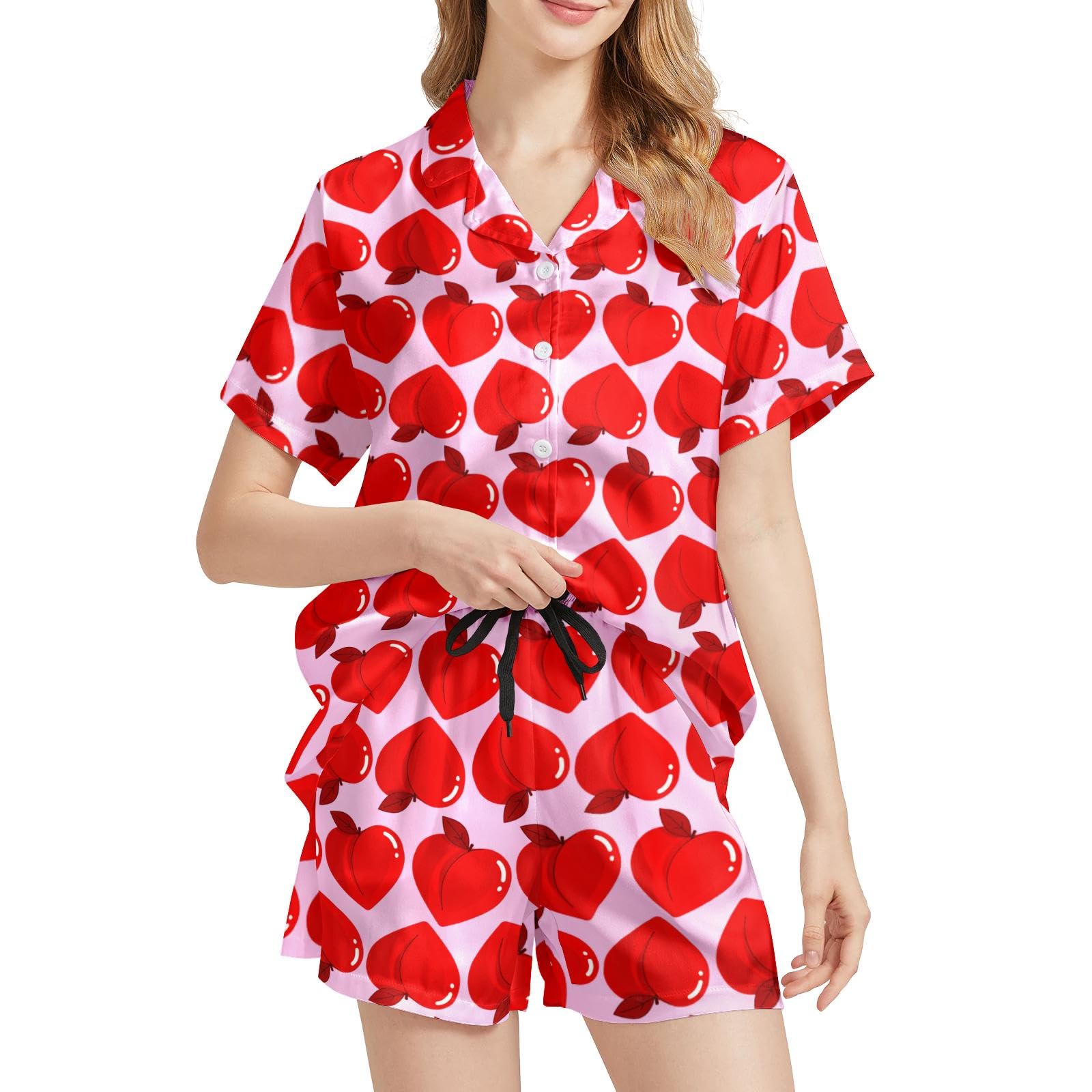 Funny Pajamas for Women Set Print Satin Loungewear Pjs Short Sleeve Button Down Top and Shorts Sets Sleepwear XS-3XL