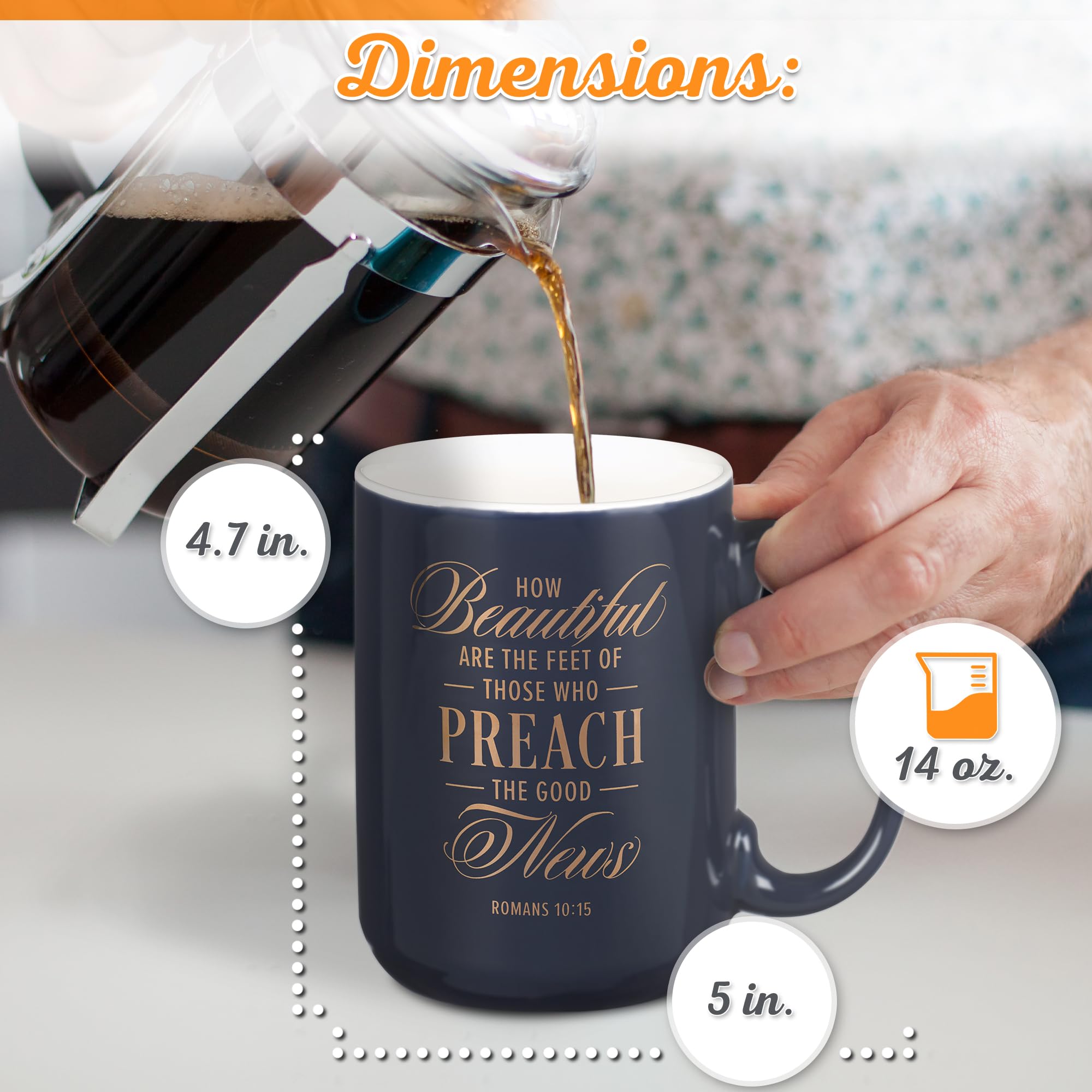 Christian Art Gifts Large Matted Ceramic Coffee & Tea Mug for Pastors: Preach the Good News Golden Inspirational Scripture, Lead & Cadmium-free Sturdy Novelty Mens Drinkware, Navy Blue & White, 14 oz.