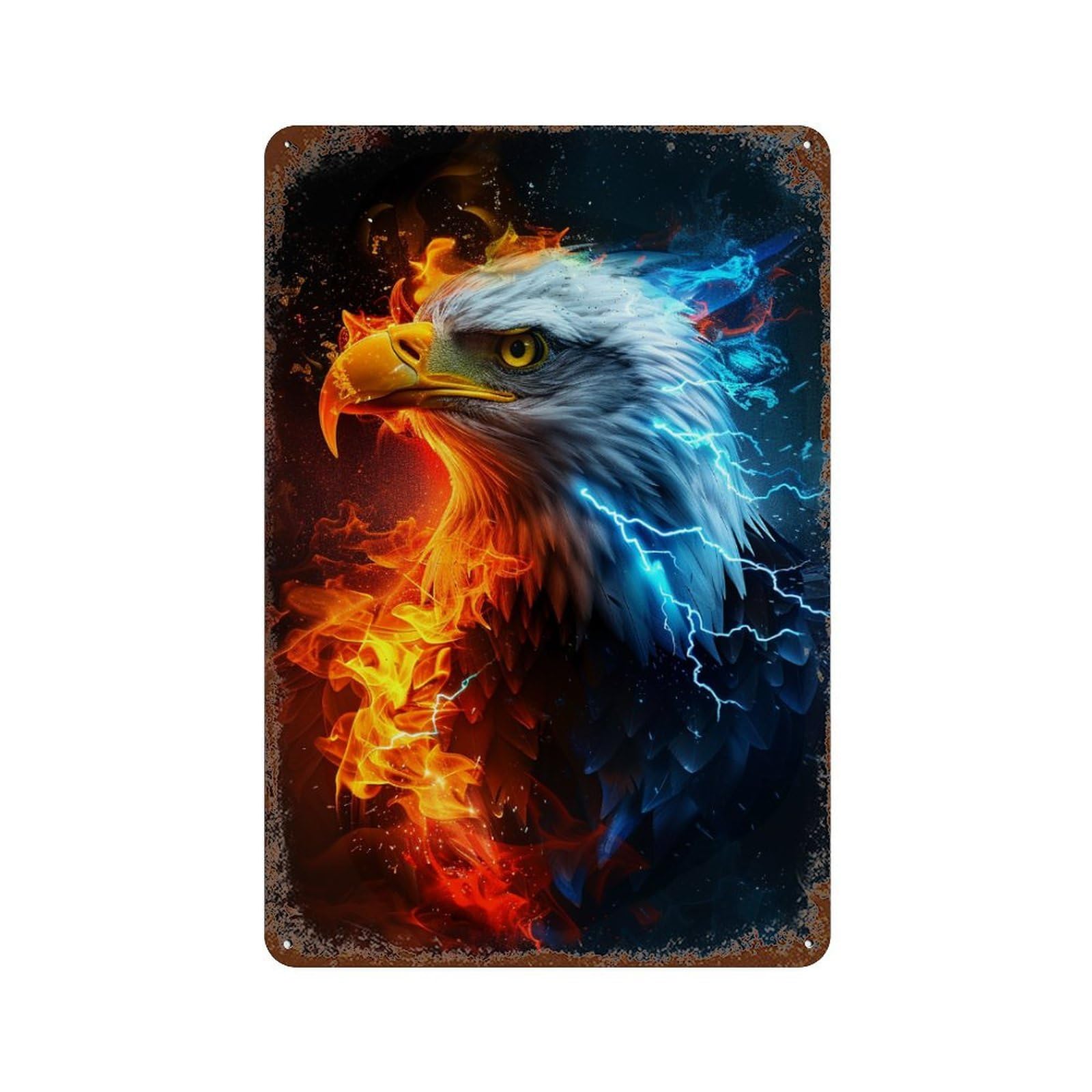 Eagle Fire & Ice Art Print-1 Aged Metal Wall Plaque 11.8"x7.9", for Garage, Bar And Workshop Decor, Farmhouse Wall Decor