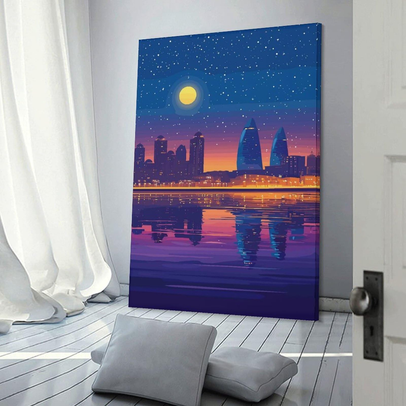 Junmoney Night Cityscape Reflection Hanging Wall Art, 20x30inch(50x75cm), for Gallery Wall Decor And Room Displays, Home Wall Art for Statement Displays