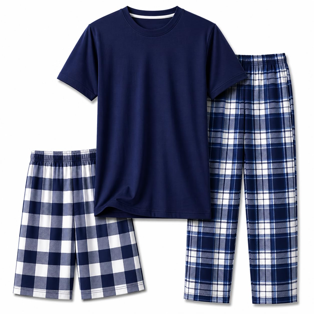 US Angels Boys Pajamas Set | 3-Piece Pant, Shirt, Shorts Sleepwear Pjs for Kids | Loose Fit, Soft, Breathable Blue Plaid