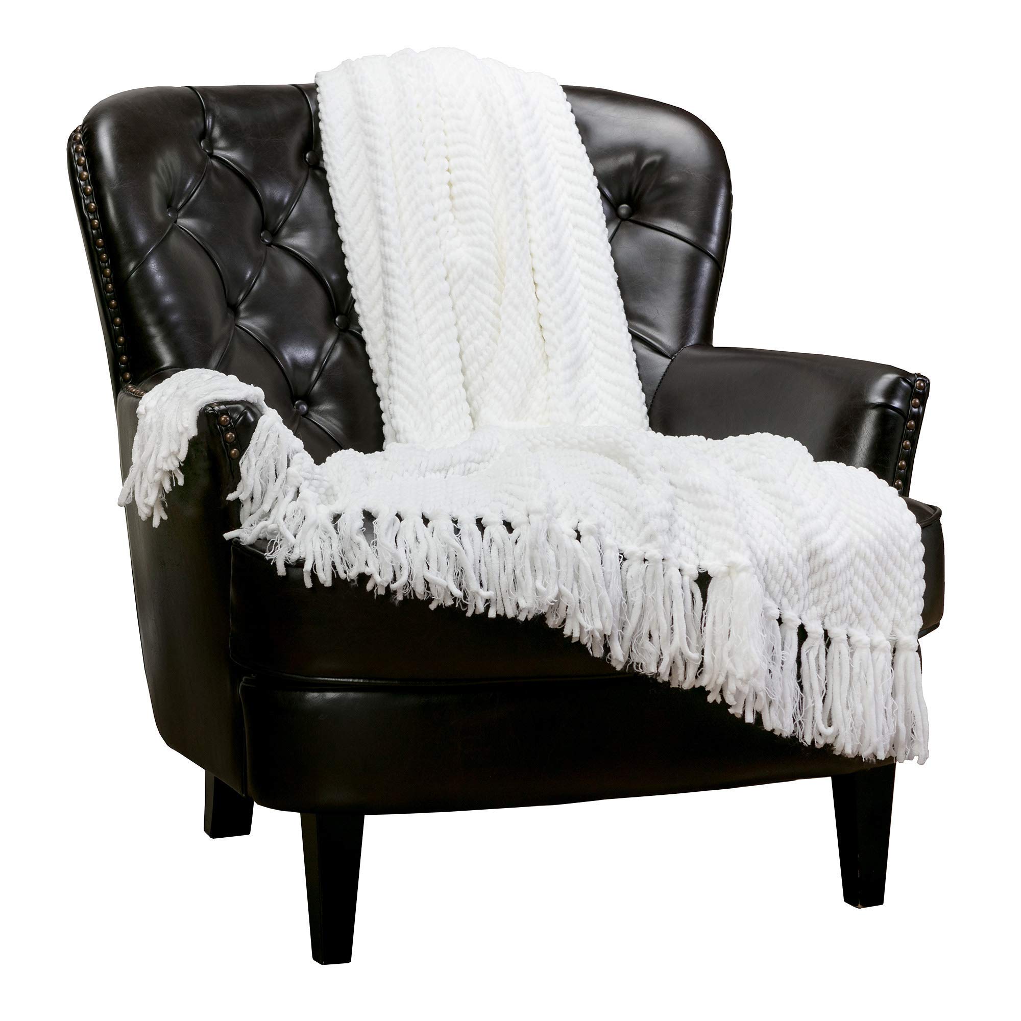 Chanasya Premium Textured Knit Throw Blanket with Tassels - Soft, Cozy Blanket for Couch, Bed, Living Room - 50" x 65” - White