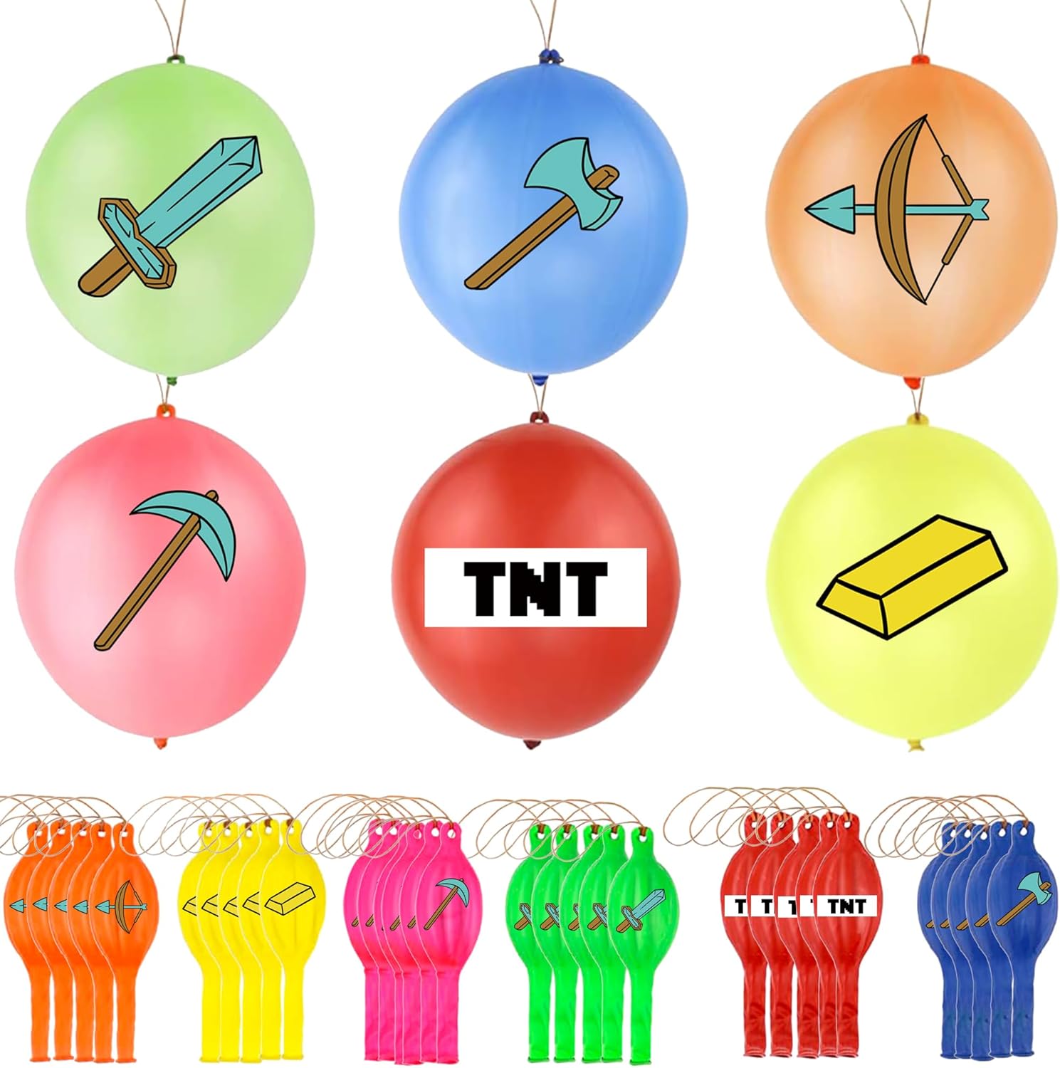 30Pcs Pixel Punch Balloons, Thickened Neon Punching Balloon Heavy Duty Party Favors with Rubber Band Handle, Bouncy Balls for Birthdays, Games, Goodie Bag Stuffer Supplies