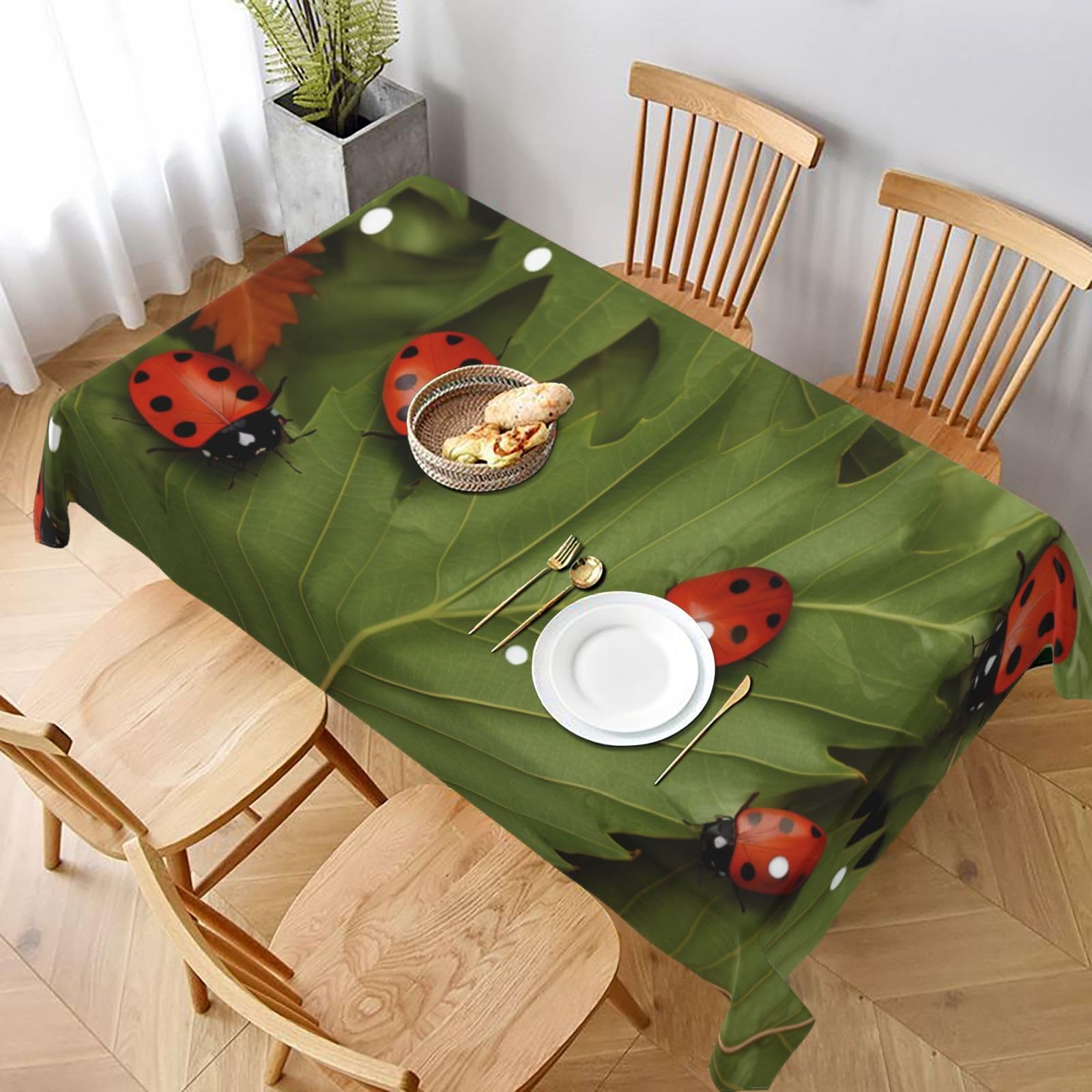 WPKJU Leaves and Ladybugs Printed Tablecloth 60x90 in Water Resistant Table Cover Washable Rectangle Table Cloth for Dining Tables