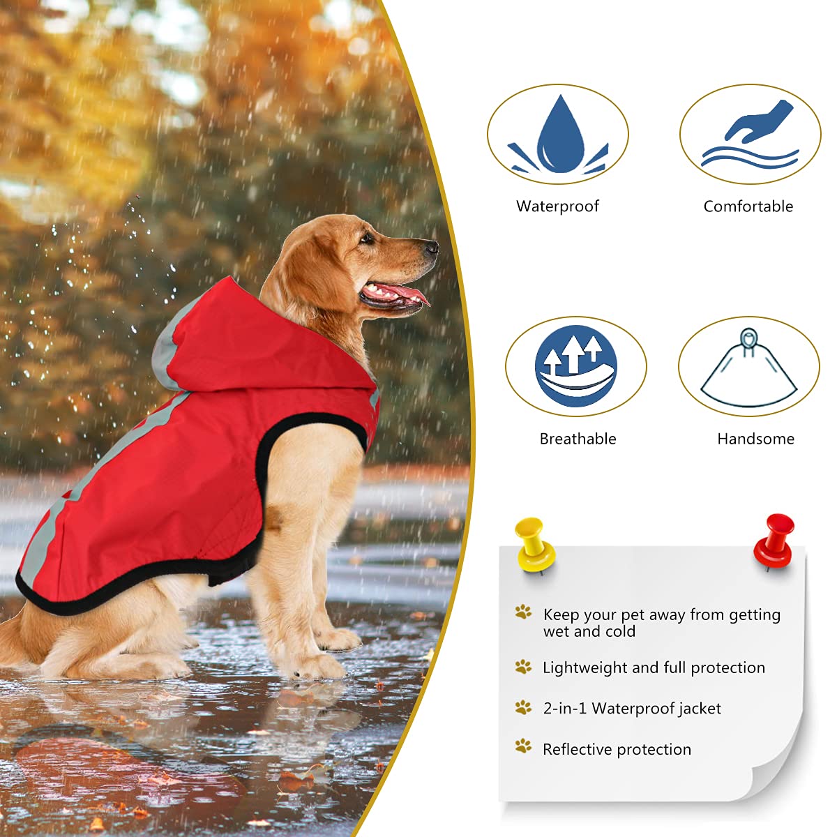 Idepet Chaqueta Impermeable para Perros 2 en 1, Mono liviano para Mascotas, con Capucha para Perros, Cubierta Completa, Transpirable, para Lluvia, para Perros pequeños, medianos y Grandes (M, Rojo)