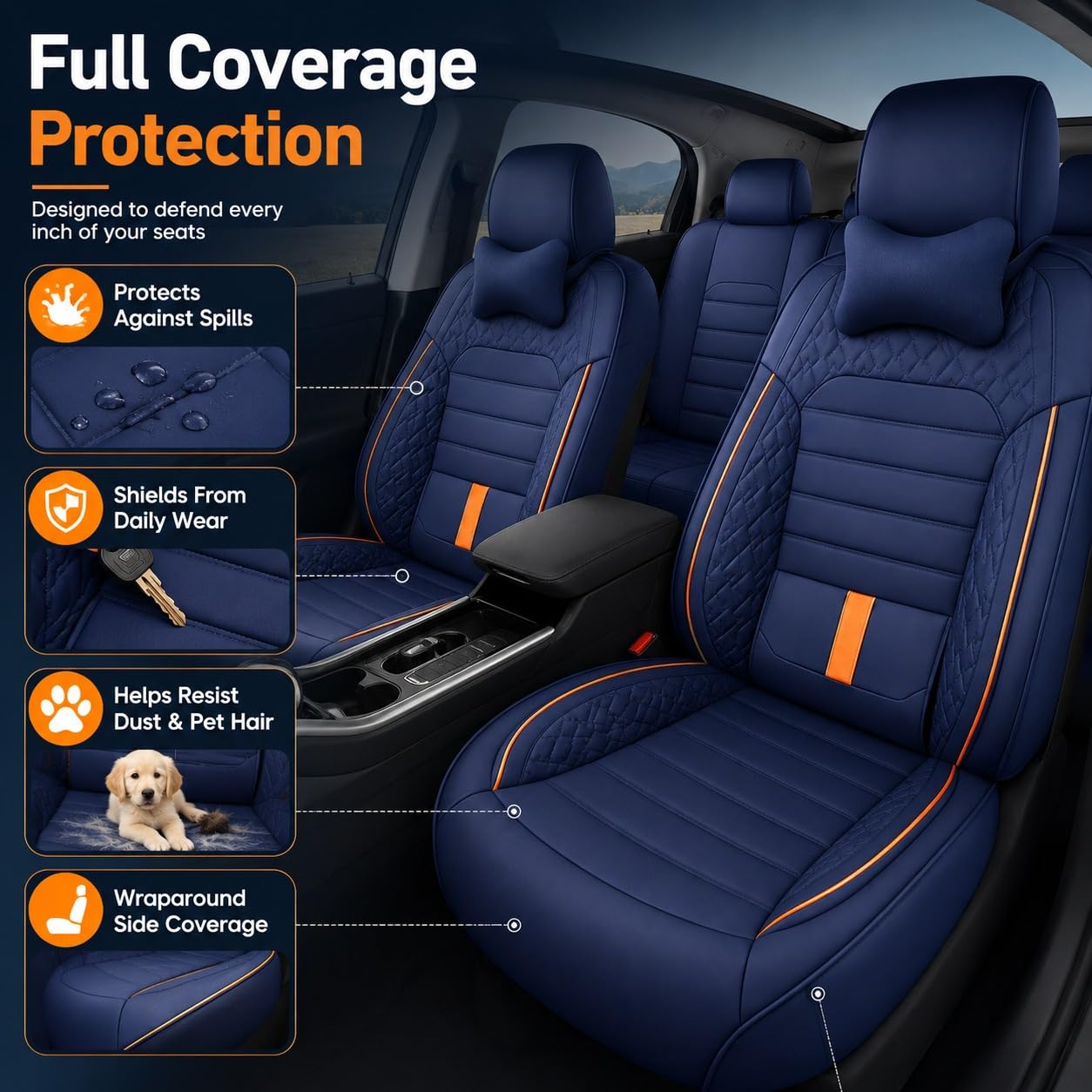 Juego completo de fundas de asiento de coche de piel sintética transpirable para asientos delanteros y traseros, incluye reposacabezas, reduce la fatiga del conductor, se adapta a la mayoría de los