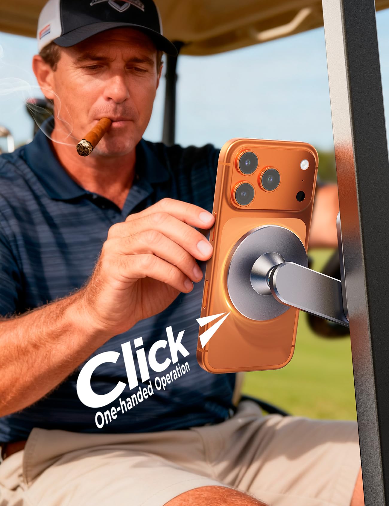 Chfeila Chfeila Golf Cart Phone Holder Magnetic [One Hand 360° Adjustable & 36X Strong Magnets] Golf Gifts for Men Dad Husband Fathers Day 2026, Golf Accessories Stuff for iPhone, Fits EZGO Yamaha Club Car in use