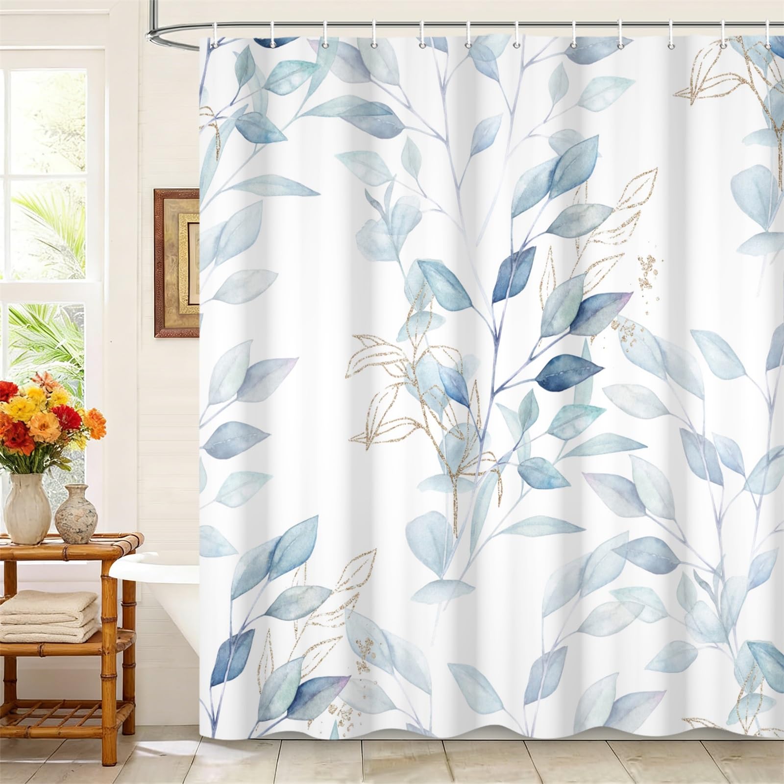 Kzzfqxb 178x183cm Leaves Shower Curtains with Hooks, White Background Eucalyptus Blueleaves Twigs Branches Plants Occluded Waterproof for Bath, Polyester Fabric Bathroom Bathtub Natural Decor โ image 1
