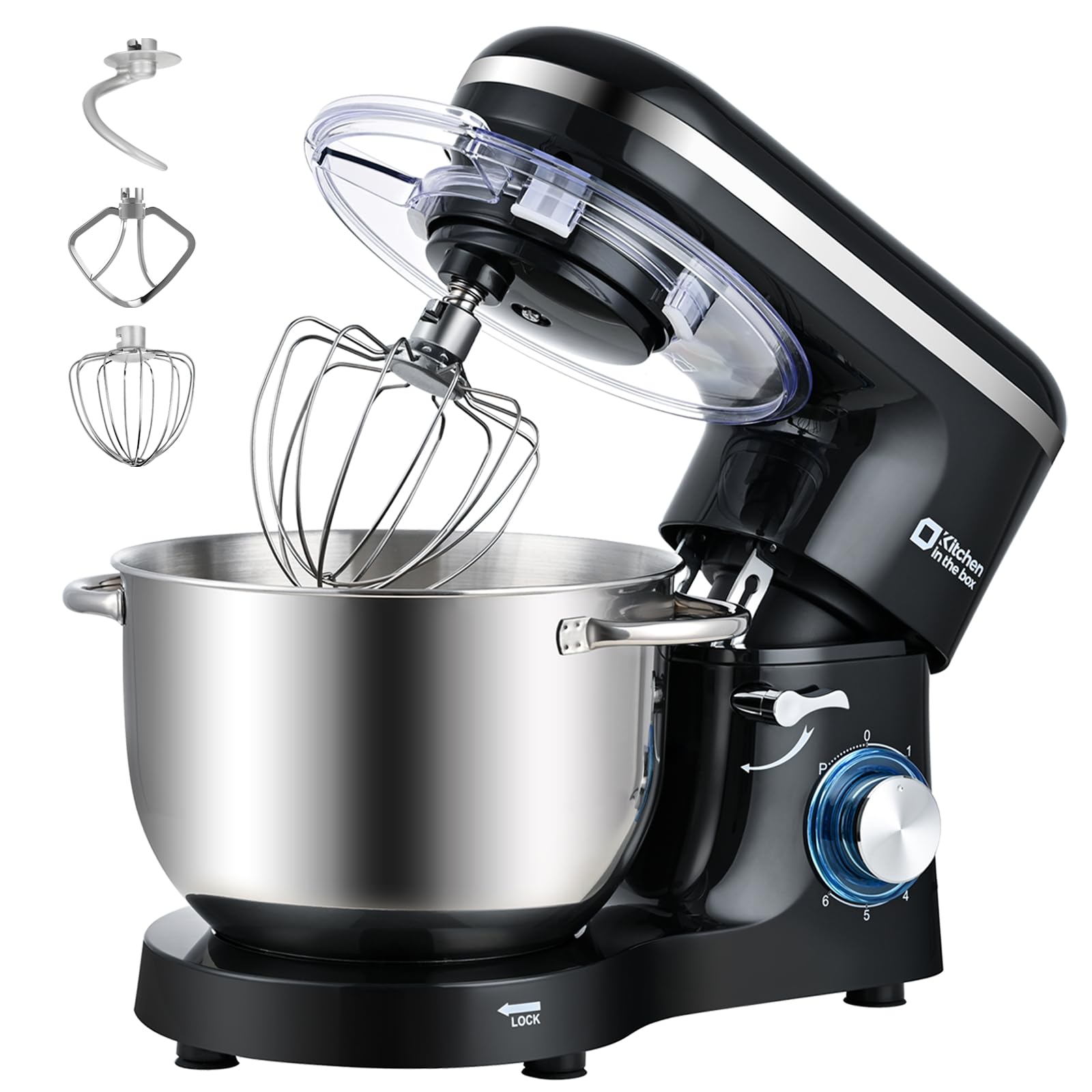 Kitchen in the box Robot Pâtissier 1400W, Bol 6,2L en Acier Inoxydable, 6 Vitesses, Fouet, Crochet et Batteur Inclus, Idéal pour Pâtisserie et Boulangerie (Noir)
