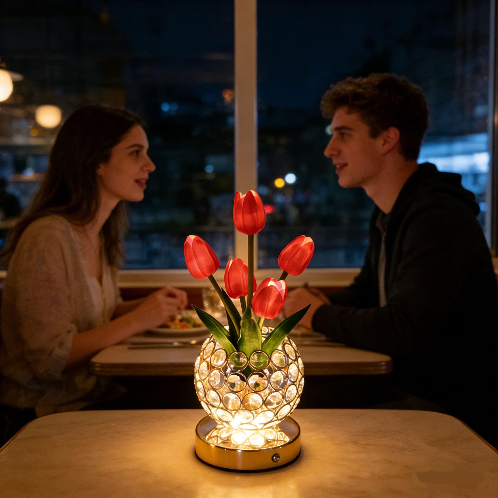 Lampka nocna LED z czerwonym tulipanem lampa biurkowa z ładowaną przez USB, 3 tryby, sterowanie dotykowe, romantyczne oświetlenie dekoracyjne do sypialni, romantyczna dekoracja stołu, wystrój hotelu