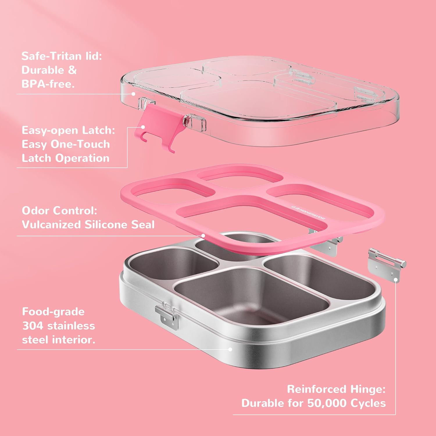 G.a HOMEFAVOR Stainless Steel Lunch Box - 4 Compartments Bento Box for Kids, Leakproof Food Container for School, Office, Dishwasher Safe, BPA-Free, 27 oz, Pink
