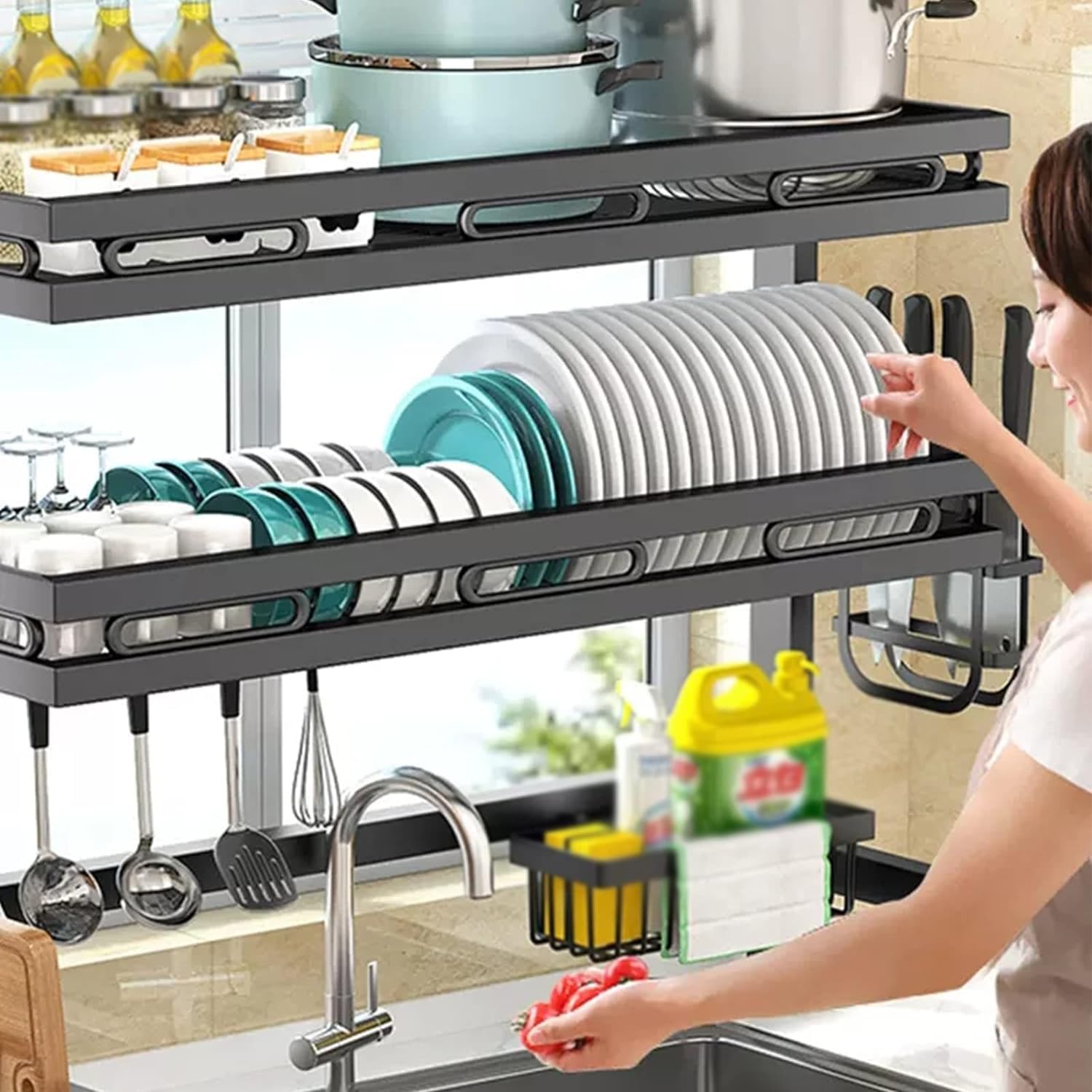 CLLBANT Estantes para Platos, Organizador de Cocina Ajustable, Estante secador de 2 Niveles para Organizador de mostrador de Cocina, Ahorro de Espacio de Almacenamiento