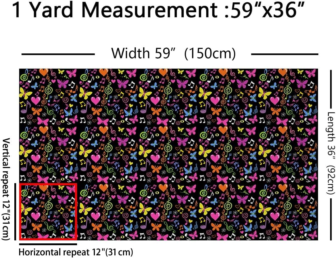 Music Notes Fabric by The Yard Watercolor Butterfly Flower Print DIY Craft Hobby Fabric by The Yard Graffiti Geometric Spiral Love Heart Decorative Fabric for Upholstery and Home Accents,10 Yards