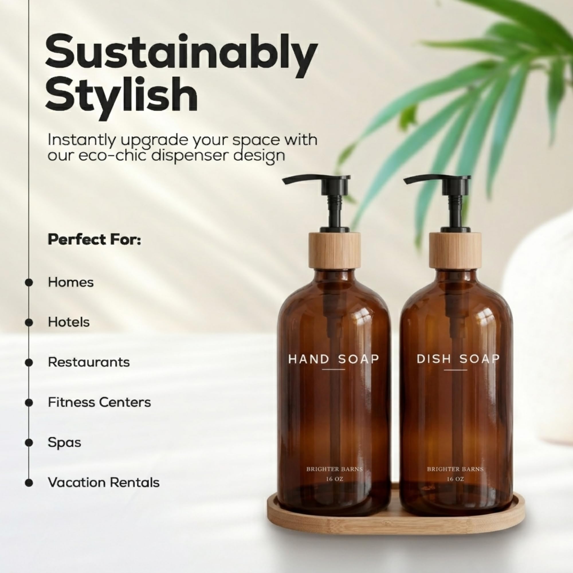 Brighter Barns - Dispenser di sapone per mani e piatti, in vetro ambrato, set con vassoio, bottiglie a pompa in bambù per lavello della cucina, decorazione moderna per la casa, decorazione neutra per