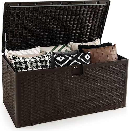 GOFLAME Caja de cubierta para exteriores de 120 galones, caja de almacenamiento de resina resistente a la intemperie con tapa bloqueable para