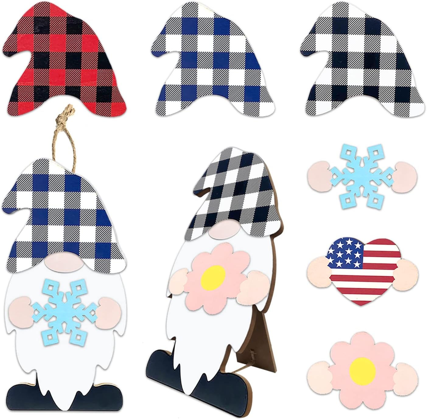 Winder Gnome Decor Home Sign Wall Hanging & Table with 8-PC Wooden Interchangeable DIY Seasonal Icons for Front Door Garden Holiday Spring Veterans Day 4th of July Halloween Christmas Decorations