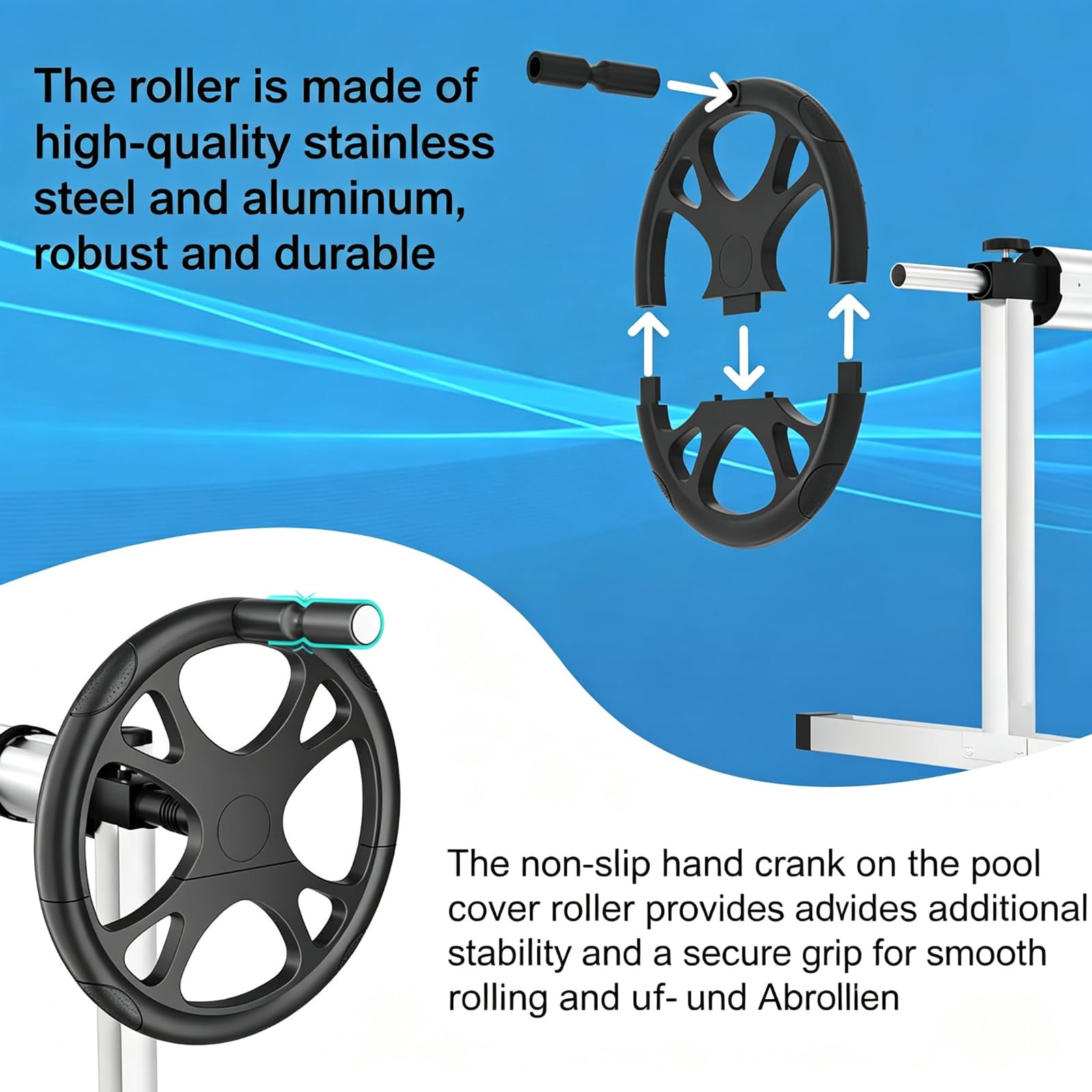 Pool Aufroller 3 m - 5,7 m Verstellbar, Aufrollsystem für Poolplane aus Aluminium Edelstahl mit Handkurbel & Rädern, Aufrollvorrichtung für Solarplanen & Abdeckungen & Poolüberdachung