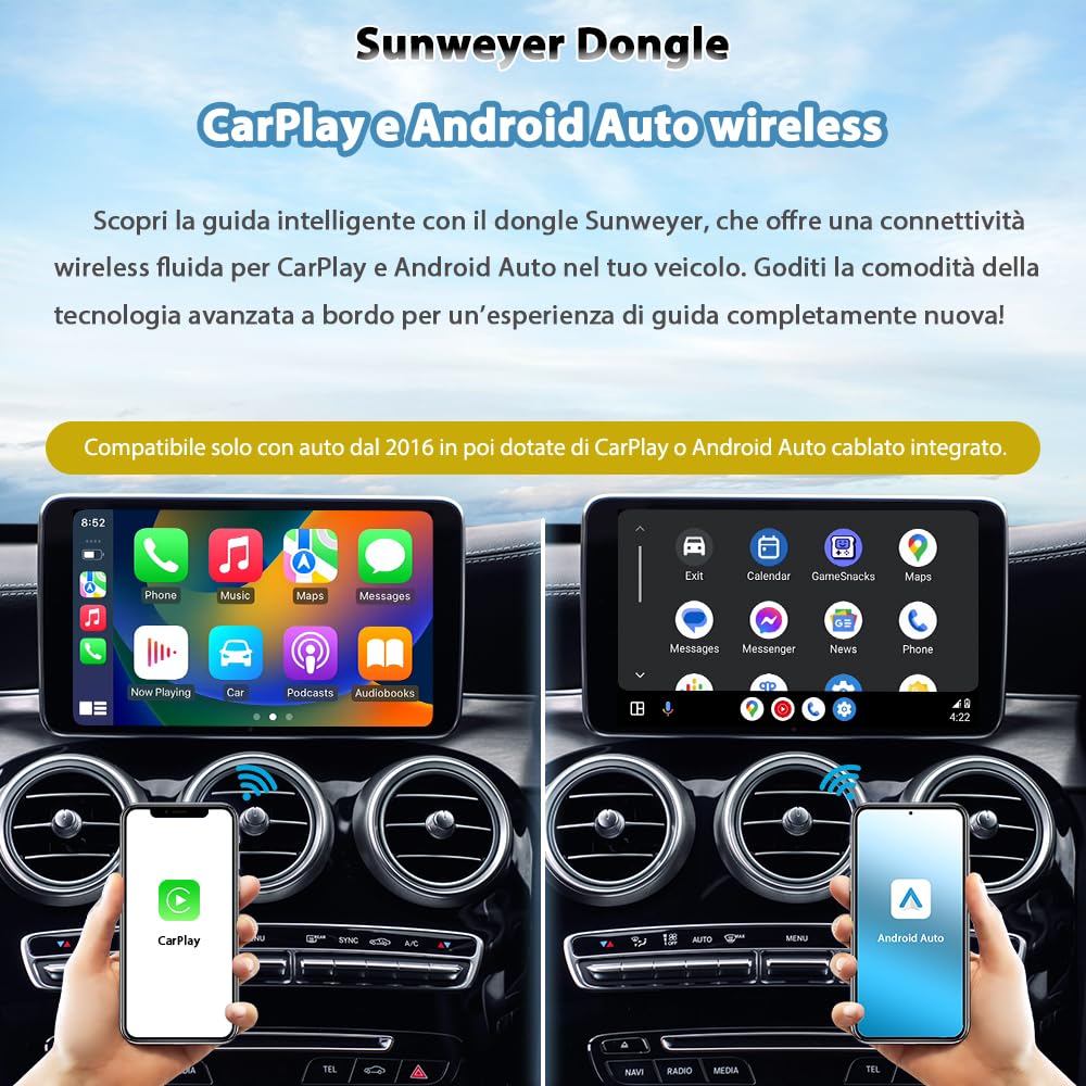 Sunweyer Wireless CarPlay & Android Auto Dongle 2 IN 1 Scatola di Connessione Automatica, Porta USB di Tipo C, Supporta Aggiornamenti Online Adattatore Cablato a Wireless (Type-C Port)