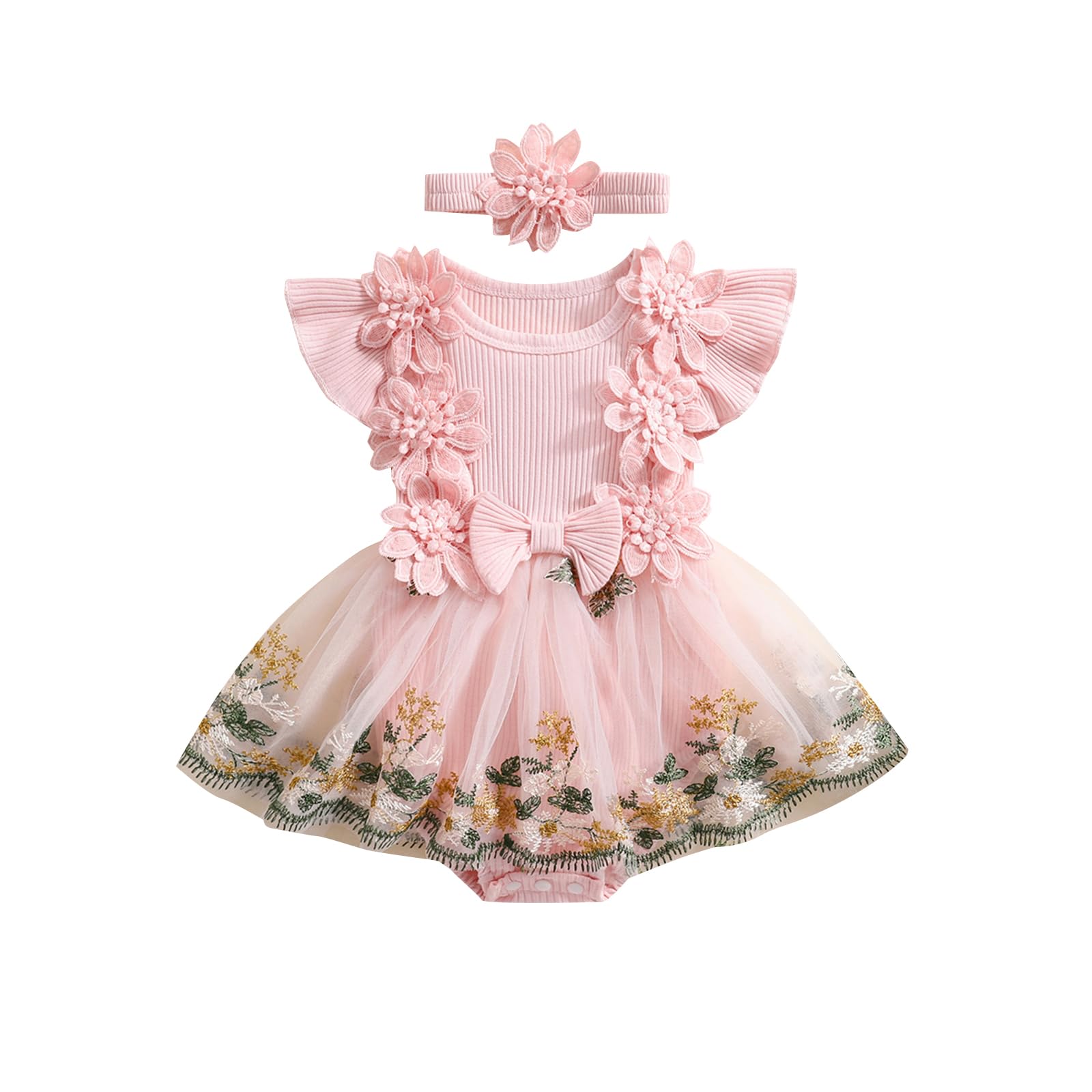 Newborn Baby Girl Summer Dress Ruffle Sleeveless Floral Embroidery Romper Dress Headband Beautiful Clothes Set