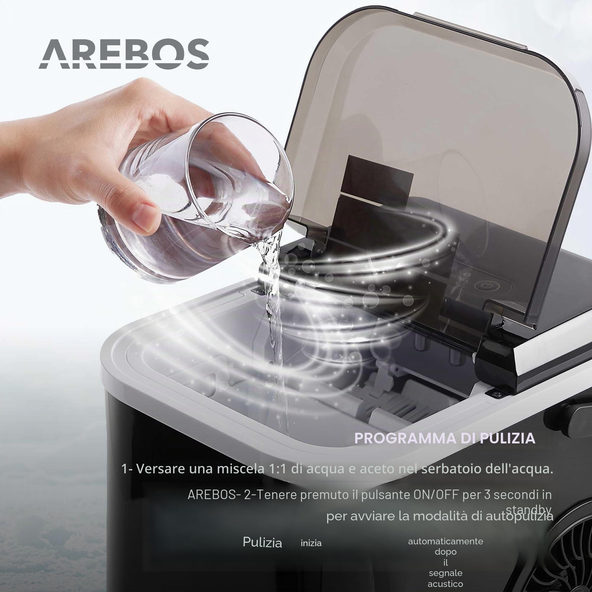 Arebos Fabbricatore di cubetti di ghiaccio | 12 kg / 24 h | Tempo di produzione di 10-15 minuti | Serbatoio dell'acqua da 1,1 litri | Silenzioso | Funzione autopulente | Nero