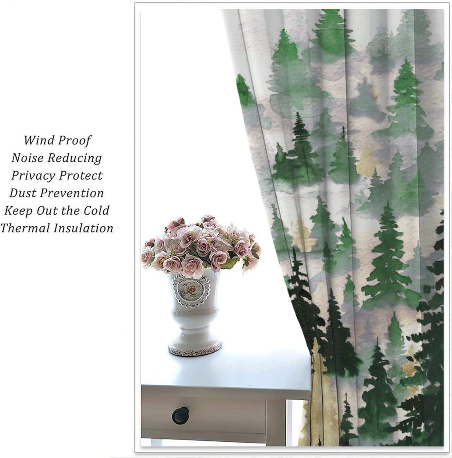 Green Gold Forest Curtains, Nature Tree Misty Forest Silhouette Landscape Window Treatments Curtains,Tree Woodland Curtains Rod Pocket Drapes for Living Room Bedroom, 42x63in