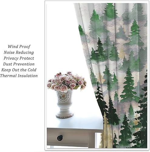 Miniatura 6 de Cortinas de bosque verde y dorado, con silueta de bosque brumoso de árbol natural, cortinas de tratamiento de ventanas, cortinas con bolsillo para