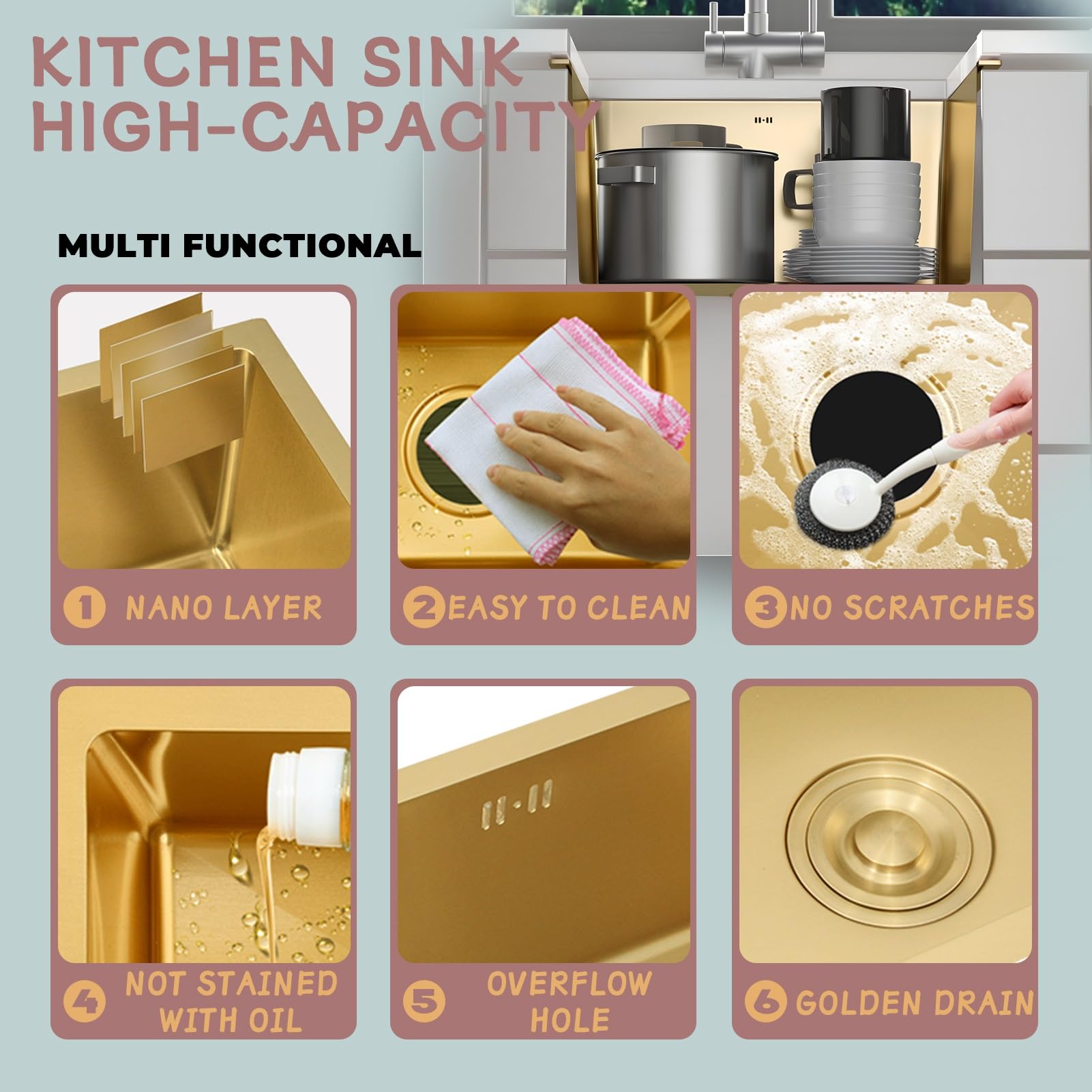 Lavelli Da Cucina, Lavello Singolo Golden Bar, Lavello Quadrato In Acciaio Inox Dorato Per Cucina/lavelli Da Bagno, Lavello Nano/Prep Con Kit Di Scarico, Facile Da Pulire, Da Incasso Sottotop