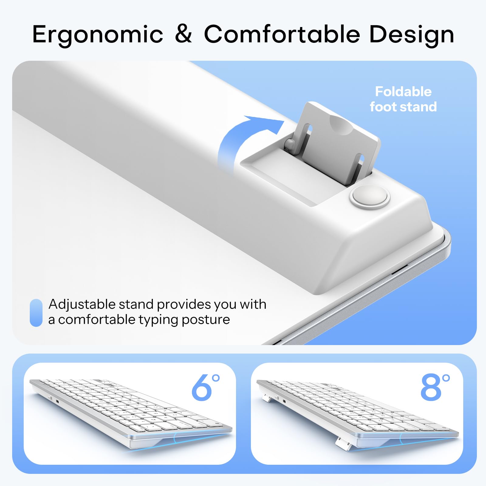 OMOTON Rechargeable Keyboard for Mac, mini Compact Wireless (No Numeric Pad), Stable Bluetooth Connection, Ergonomic Design, Keyboard Compatible with MacBook/iMac/Mac mini - Silverwhite — view 6