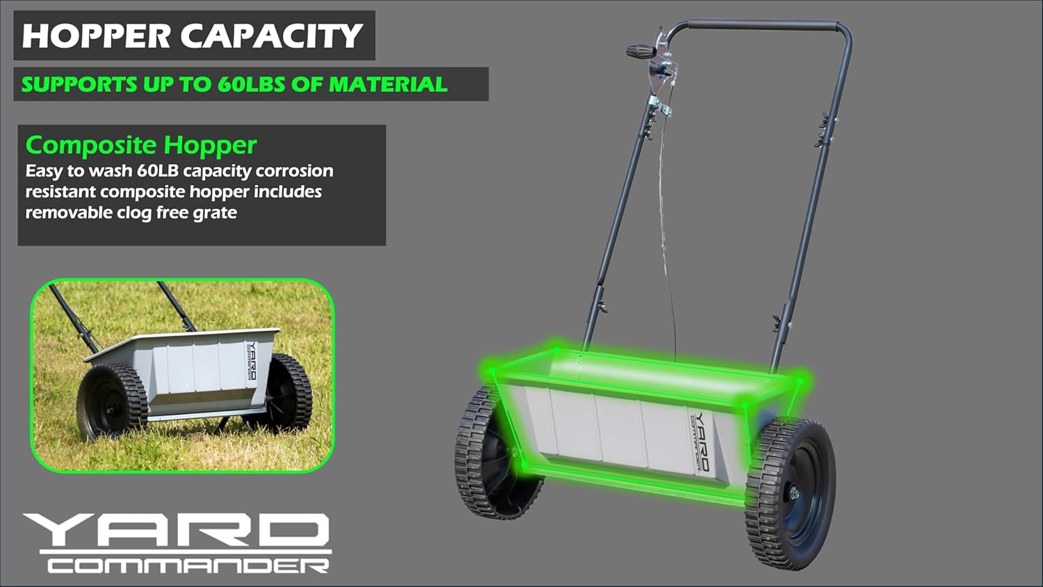 Yard Commander - 60 LB Walk-Behind Push Drop Spreader - Holds Up to 15,000 SQFT of Product - Great for Applying Fertilizer & Grass Seed - Adjustable Drop Rate & Composite Hopper