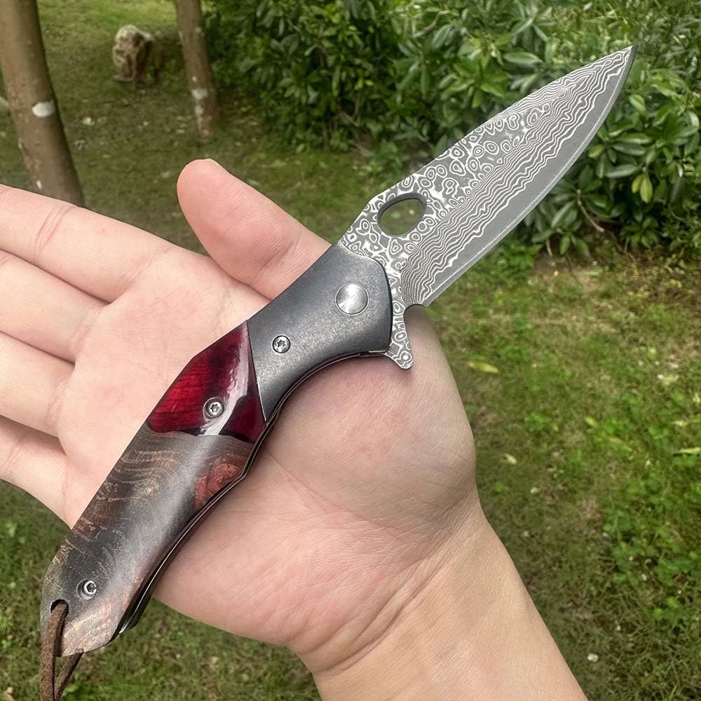 Outdoor Messer Survival Tragbar Taschenmesser Flach Aus stahl Damaskus,stabilisierte holz,Damast Klappmesser,Camping Jagdmesser taktische messer, EDC Damaszener Messer,klein tanto messer mit lederseil