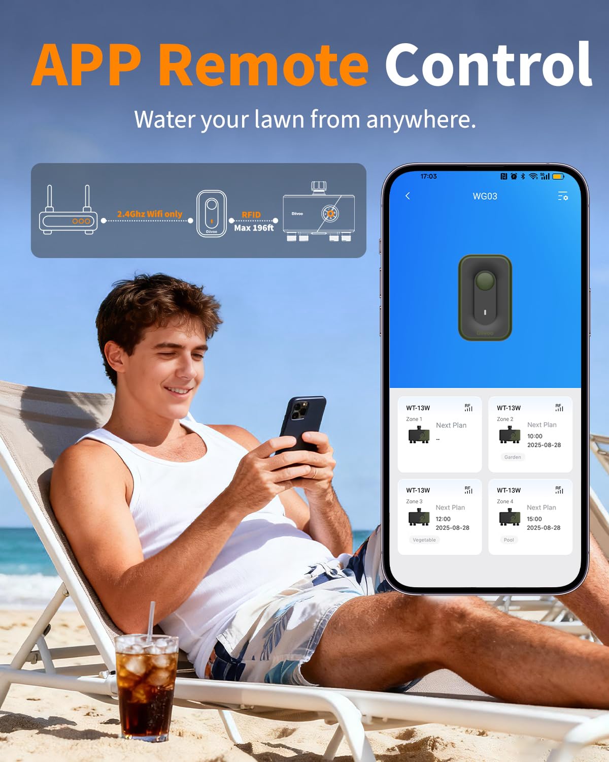 Diivoo 4 Zones WiFi Water Timer with Brass Inlet, Smart Sprinkler Hose Timer 4 Outlets Compatible with Alexa/Google Assistant, 24 Irrigation Plans, Rain Delay & Mist Mode for Garden Lawns - 3