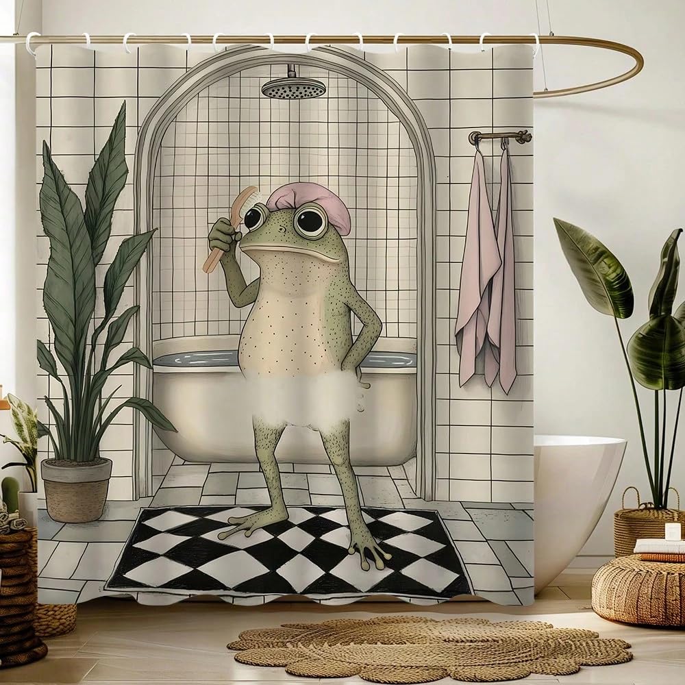 GLKSDLPO Vintage Frog Themed Shower Curtain, Animal Novelty Retro Style, Suitable For Bathtub Divider, Bathroom Decor Accessories(210x180cm/83x71in(WxH)