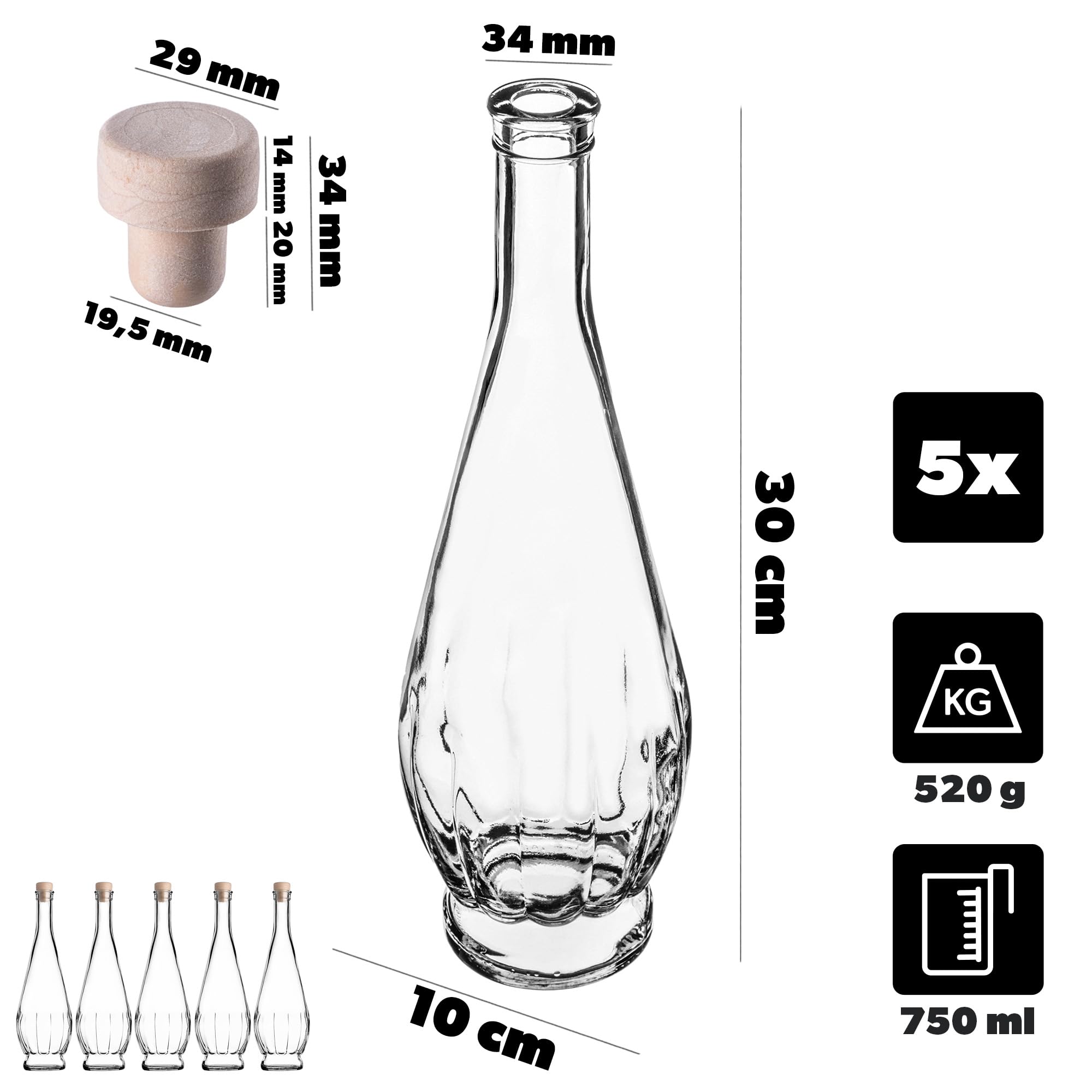 Lot de 5 bouteilles en verre 750 ml avec bouchon liège pour alcool vino