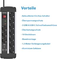 Multipriză UCOMEN cu 10 posturi, USB-C PD 20 W, protecție la supratensiune, certificare TUV GS, întrerupător, montabilă pe perete, cablu 1,5 m, 16 A 3