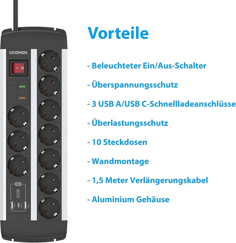 Multipriză UCOMEN cu 10 posturi, USB-C PD 20 W, protecție la supratensiune, certificare TUV GS, întrerupător, montabilă pe perete, cablu 1,5 m, 16 A