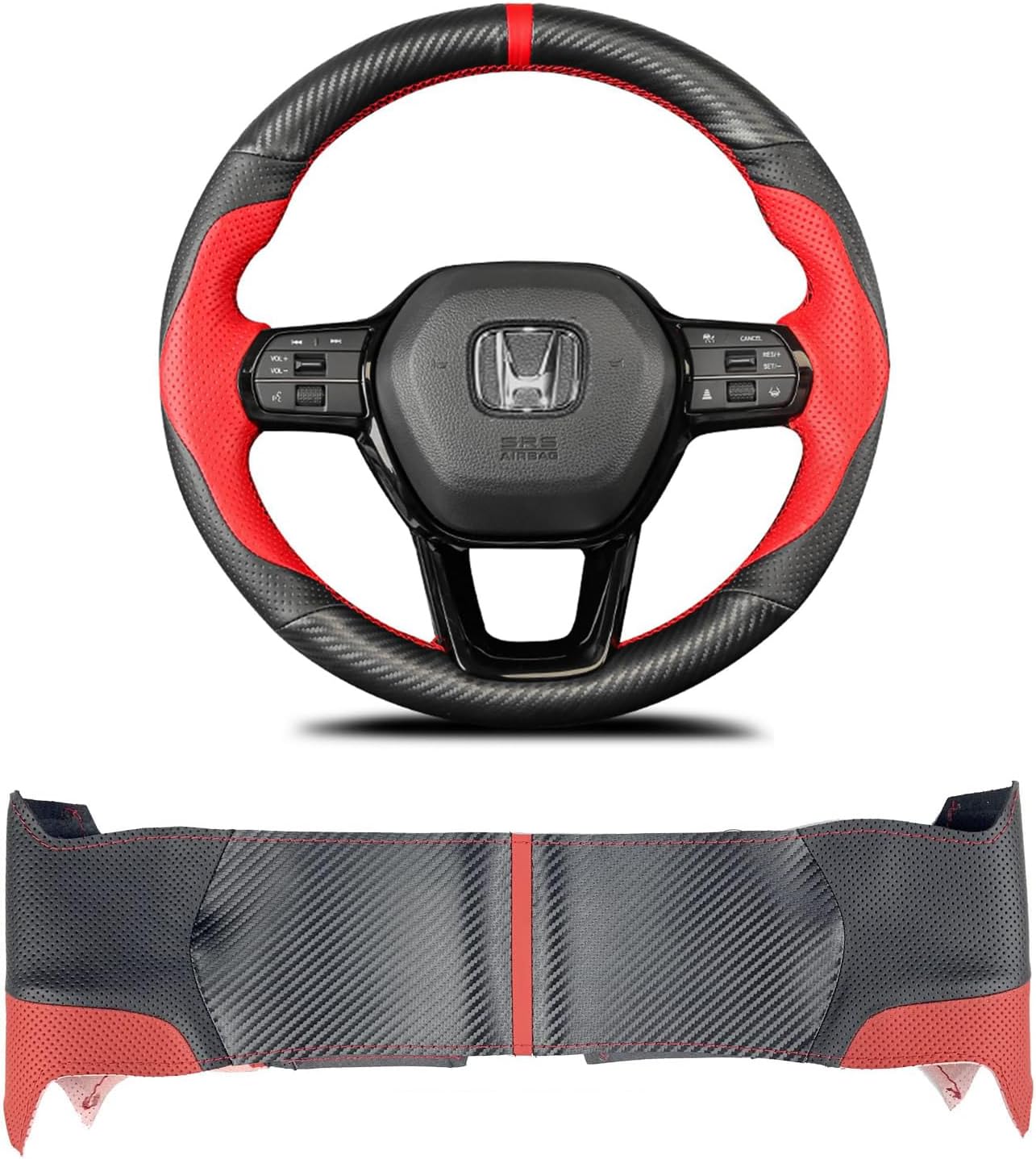 Hand-Stitched Steering Wheel Wrap for 11th Gen Honda Civic 2022 Interior Steering Wheel Protection Skin Cover Accessories (Red Perforated Leather+Matte Black Carbon Fiber)