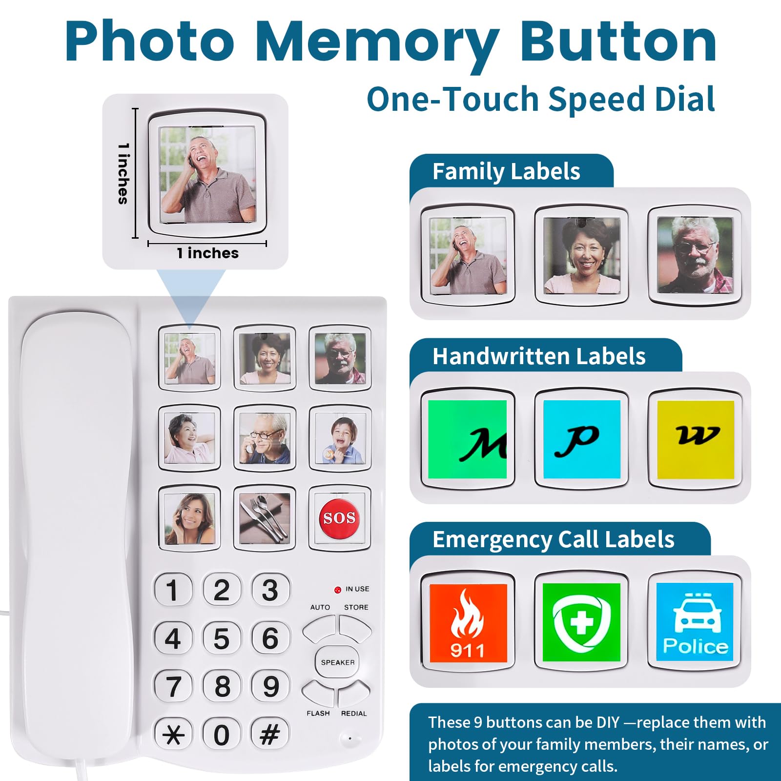 Teléfonos para personas mayores, teléfono de demencia para personas mayores, teléfono fijo con cable de memoria de 9 imágenes para ancianos, dial de un solo toque, timbre amplificado de 110 dB+,