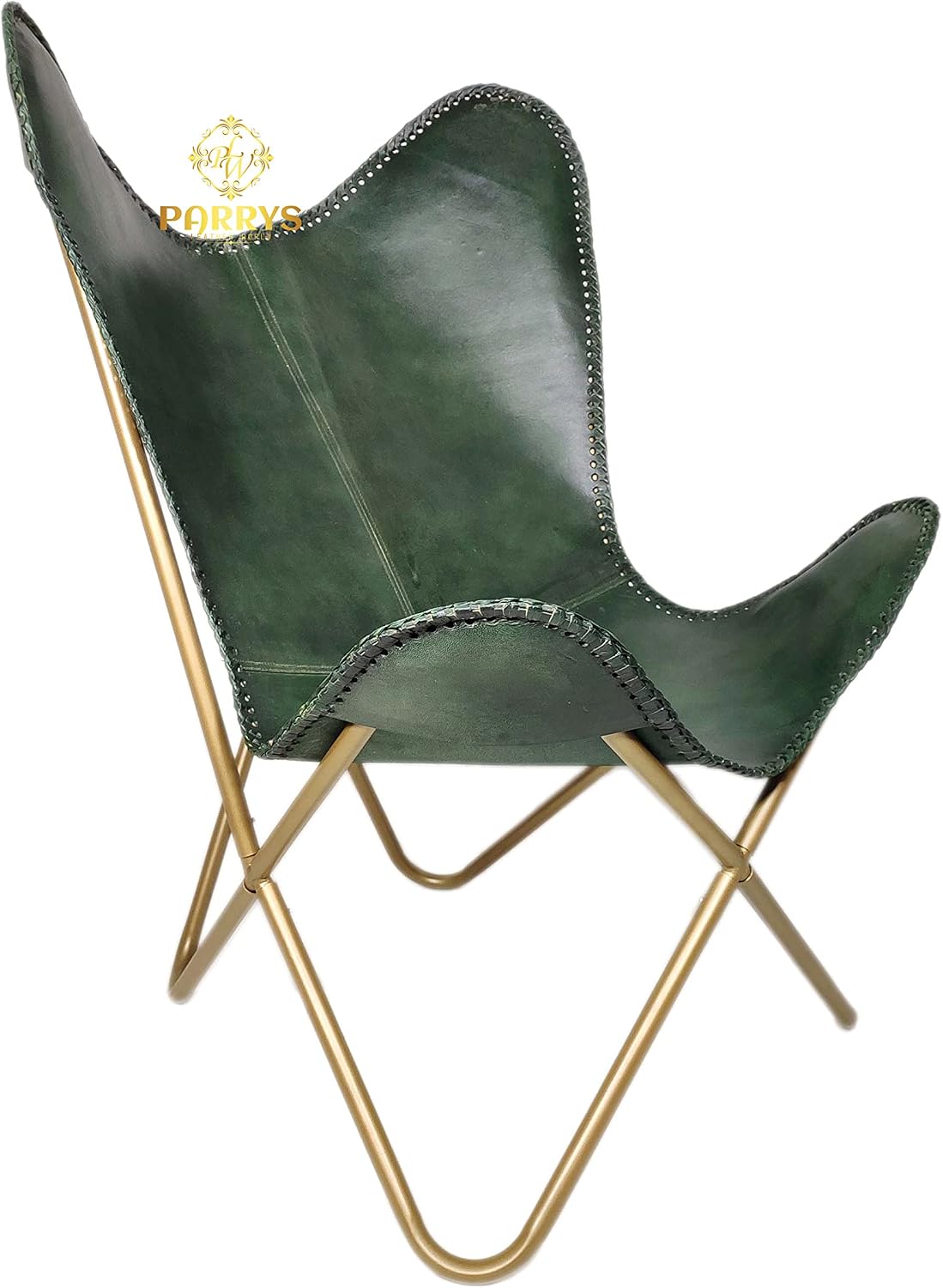 Parry Leather Butterfly Chair for Living Room - Handcrafted Green Buffalo Leather Foldable Powder Coated Iron Frame Relaxing Chair for Home Decor Lounge Accent Outdoor Indoor