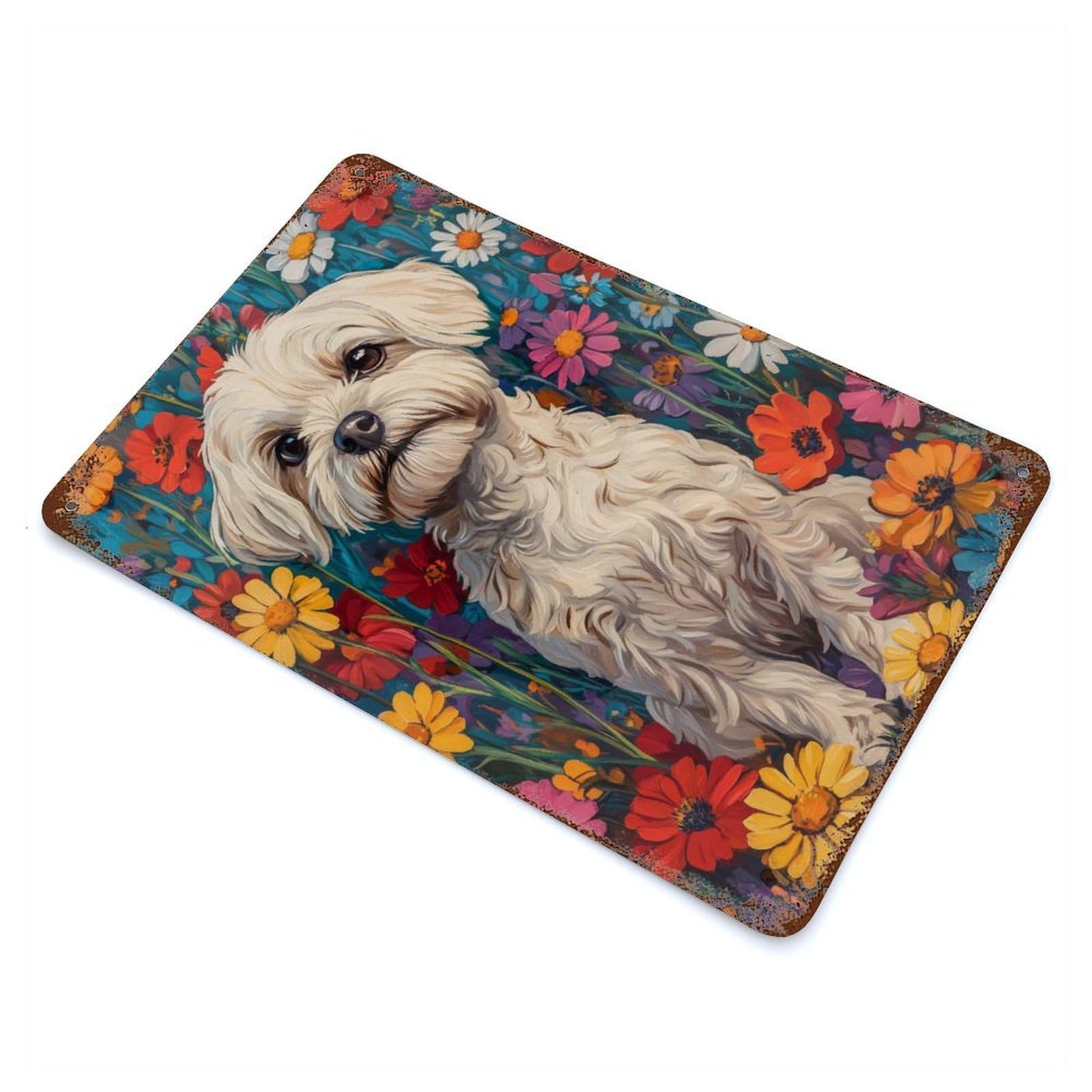 Maltese in Wildflower Meadow Dog Wall Art Print White Dog in Flower Field 11.8"x7.9" Rust Effect Tin Sign, Industrial Home Decor for Living Room, Hallway And Home Decor