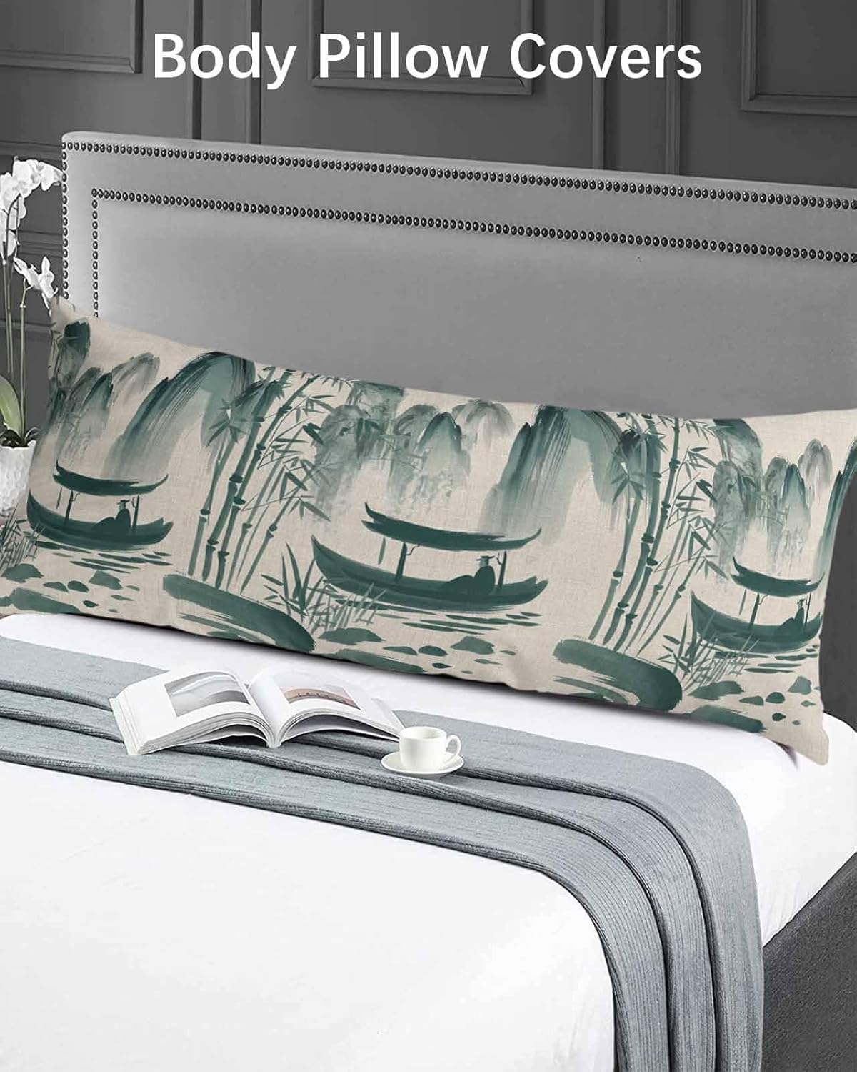 Traditional Chinese Body Pillow Covers 20x54 Side Sleeper Pillow, Plush Soft Comfort for Hair/Skin Cooling Pillowcases with Envelop Closure for Bed Sofa Classic Mountain Floral Boat Painting
