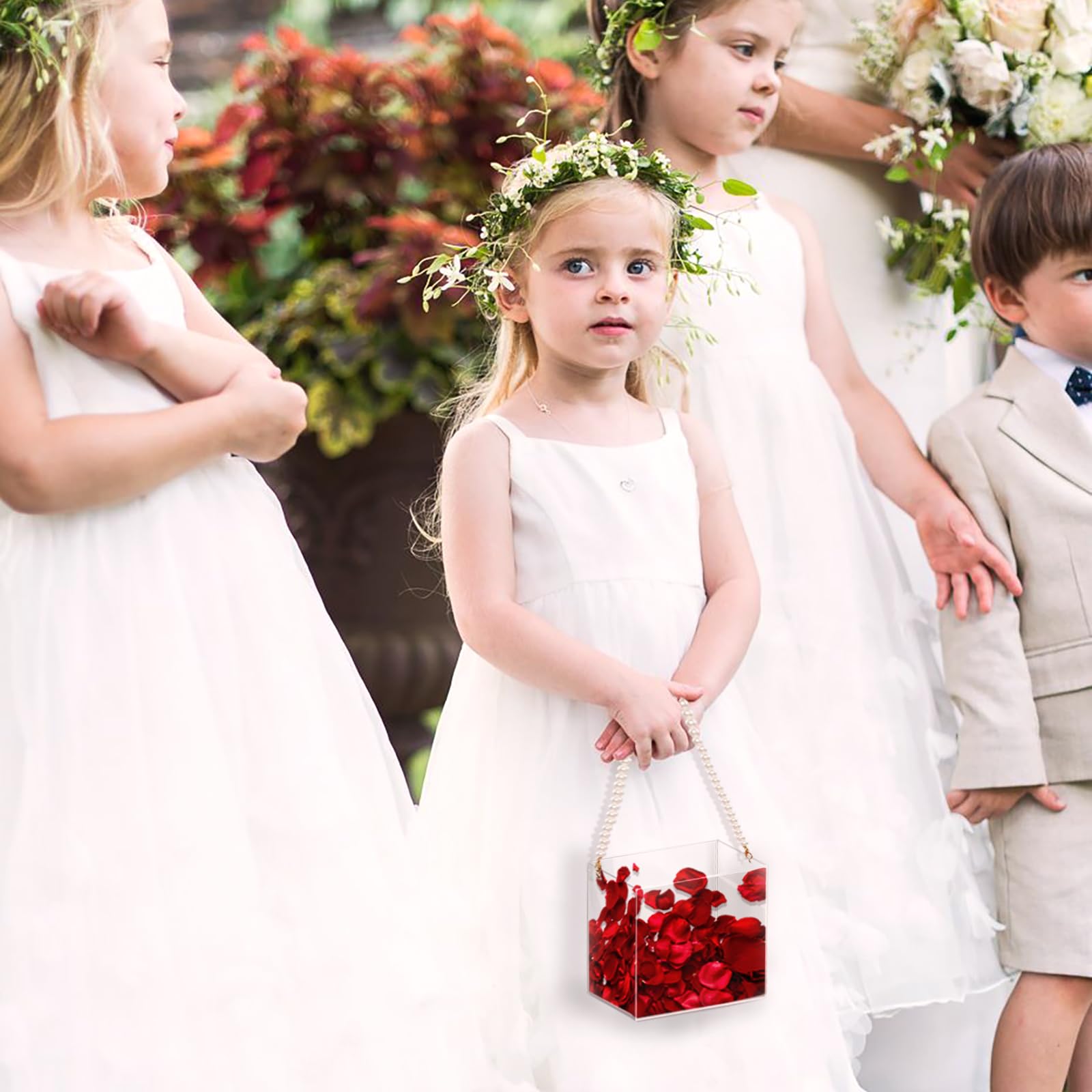 Set di 2 cestini per fiori, per matrimonio, con manico in perla, in acrilico, per coriandoli, decorazione per matrimoni (perla)
