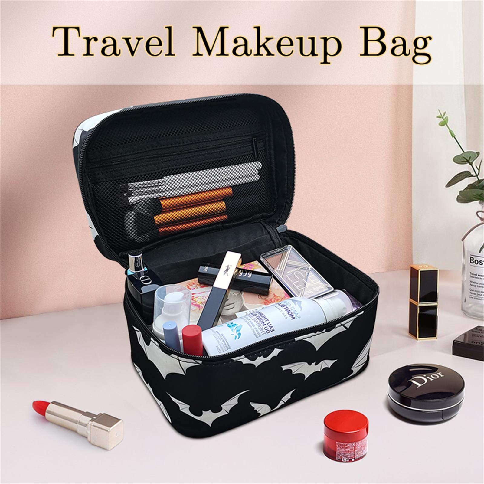 9CH Goth Makeup Organizer Bag, Halloween Makeup Bags Large Cosmetic Bag with Adjustable Dividers Portable Bat Cosmetic Case for Make up Brushes Toiletry Jewelry(Black Bats)