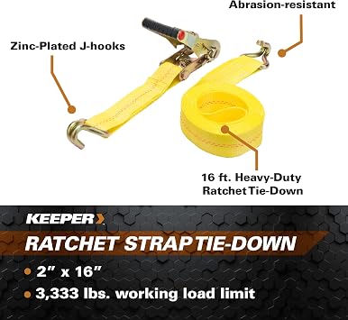 Keeper - 2 x 16' Heavy Duty Ratchet Tie-Down with Double J-Hooks - 3,333 lbs. Working Load Limit and 10,000 lbs. Break Strength