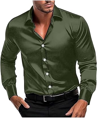 Mens Silk Satin Dress Shirts Casual Collared Formal Blouse Tops Wedding Party Long Sleeve Button Down Shirt