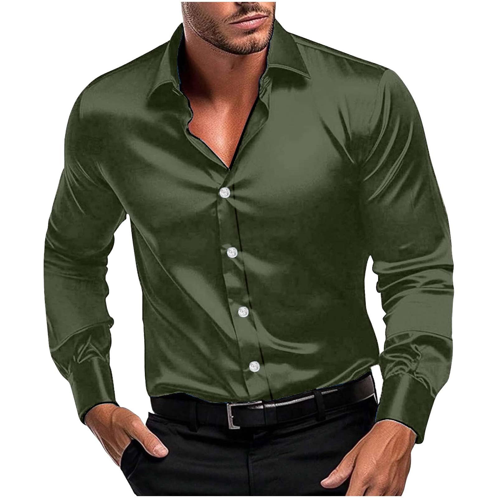 Men Long Sleeve Satin Dress Shirt Shiny Embroidery Silk Like Button Down Casual Luxury Prom Wedding Party Disco Solid