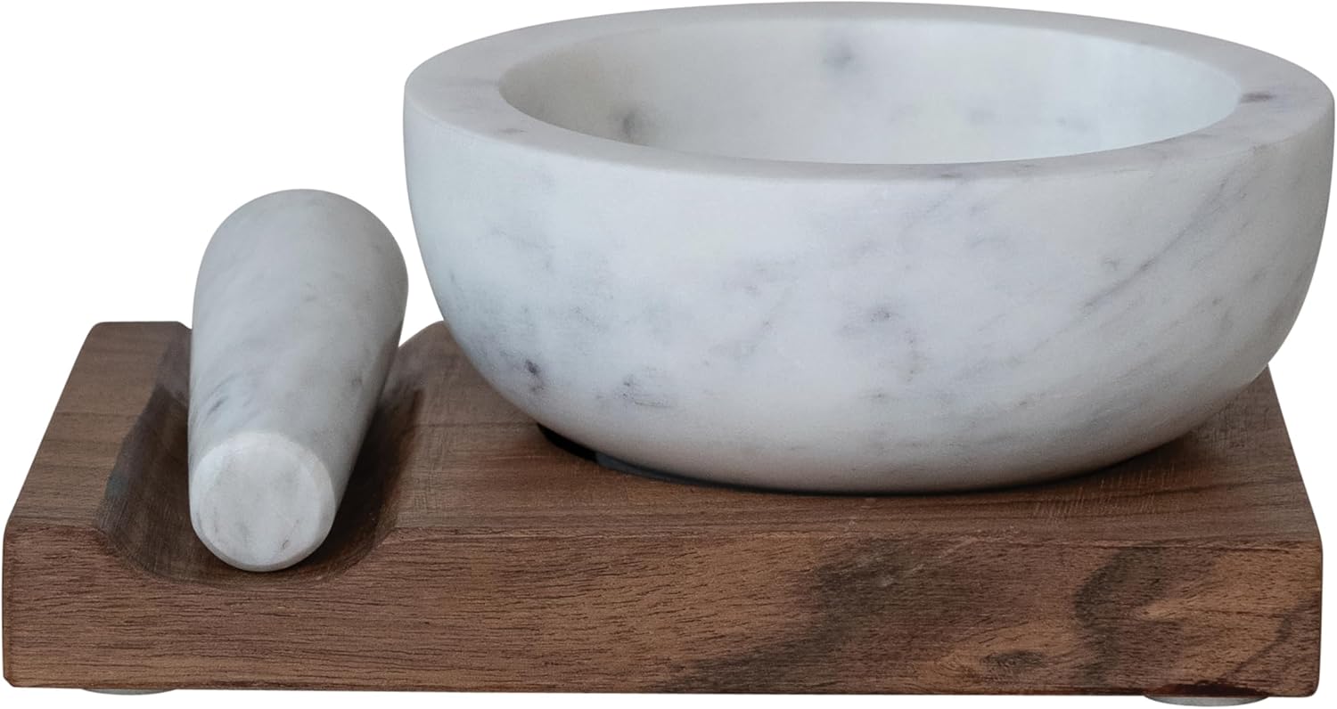 Creative Co-Op Marble Mortar and Pestle with Wood Base, White and Natural Finish