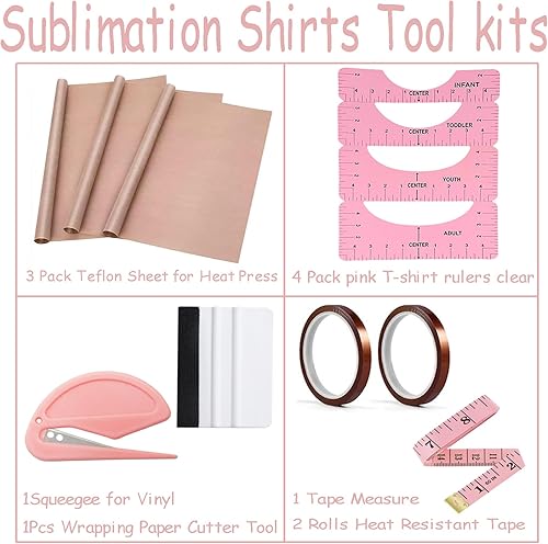 Miniatura 3 de Kits de herramientas para camisas de sublimación (rosa) - 4 reglas de camiseta, paquete de 3 hojas de teflón para prensa térmica de 12 x 16